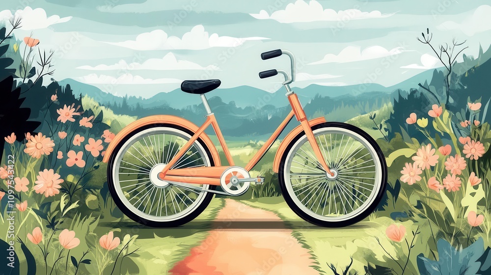 Fototapeta premium A vibrant, illustrated bicycle rests on a pathway surrounded by colorful flowers and lush mountains, embodying a serene outdoor adventure.