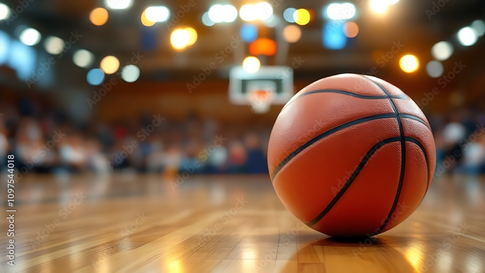 A close-up of a basketball on a court with a blurred background, emphasizing the sport's atmosphere.