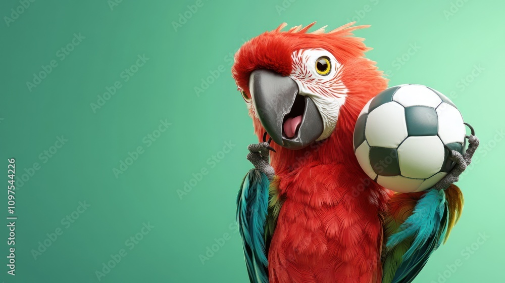 Fototapeta premium A colorful parrot joyfully holding a soccer ball against a green background.