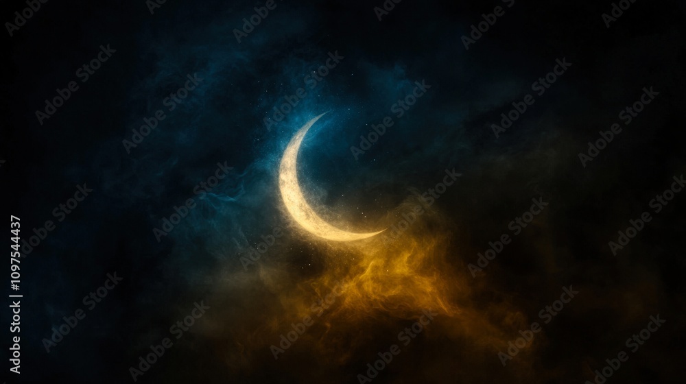 Fototapeta premium A stunning crescent moon illuminates swirling clouds of blue and orange hues, creating an ethereal night sky scene, Ideal for use in fantasy designs, backgrounds, and celestial-themed projects,