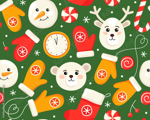 Seamless Christmas pattern with mittens, snowmen, candies, clock, cute bear and deer on a green background. New Year's pattern for wrapping paper, textile, print.