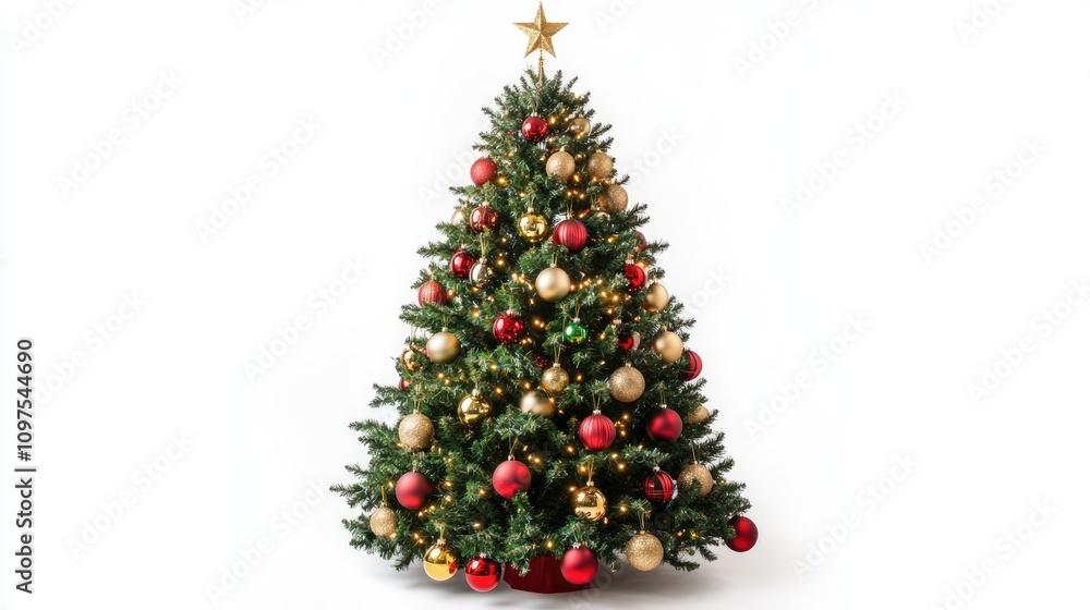 Festive Christmas Tree with Gold and Red Ornaments Festive Christmas Tree with Gold and Red Ornaments