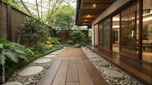 Stone accents intersperse the wooden flooring giving texture and grounding to the layout while contrasting the lush greenery surrounding the area crafting a harmonious design.