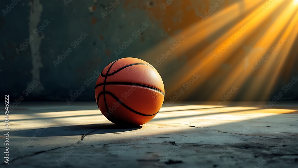 An orange basketball rests on a weathered court, highlighted by dramatic shadows and sunlight streaming through grimy windows. An orange basketball rests on a weathered court, highlighted by dramatic shadows and sunlight streaming through grimy windows.