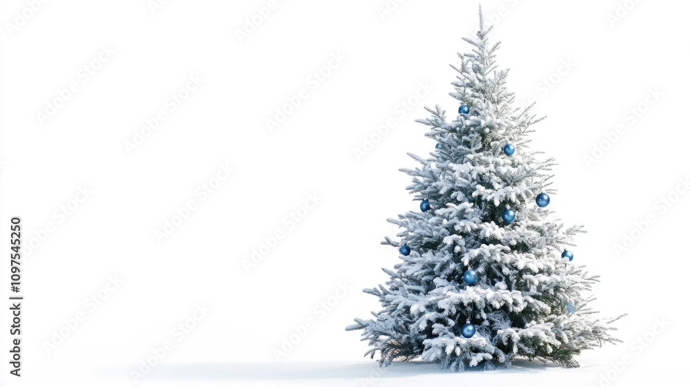 Snowy Christmas Tree with Blue Ornaments and White Background Snowy Christmas Tree with Blue Ornaments and White Background