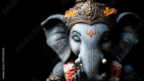 A beautifully crafted statue of an elephant-headed deity, adorned with floral offerings, showcasing intricate details against a dark background, Ideal for cultural or spiritual themes,