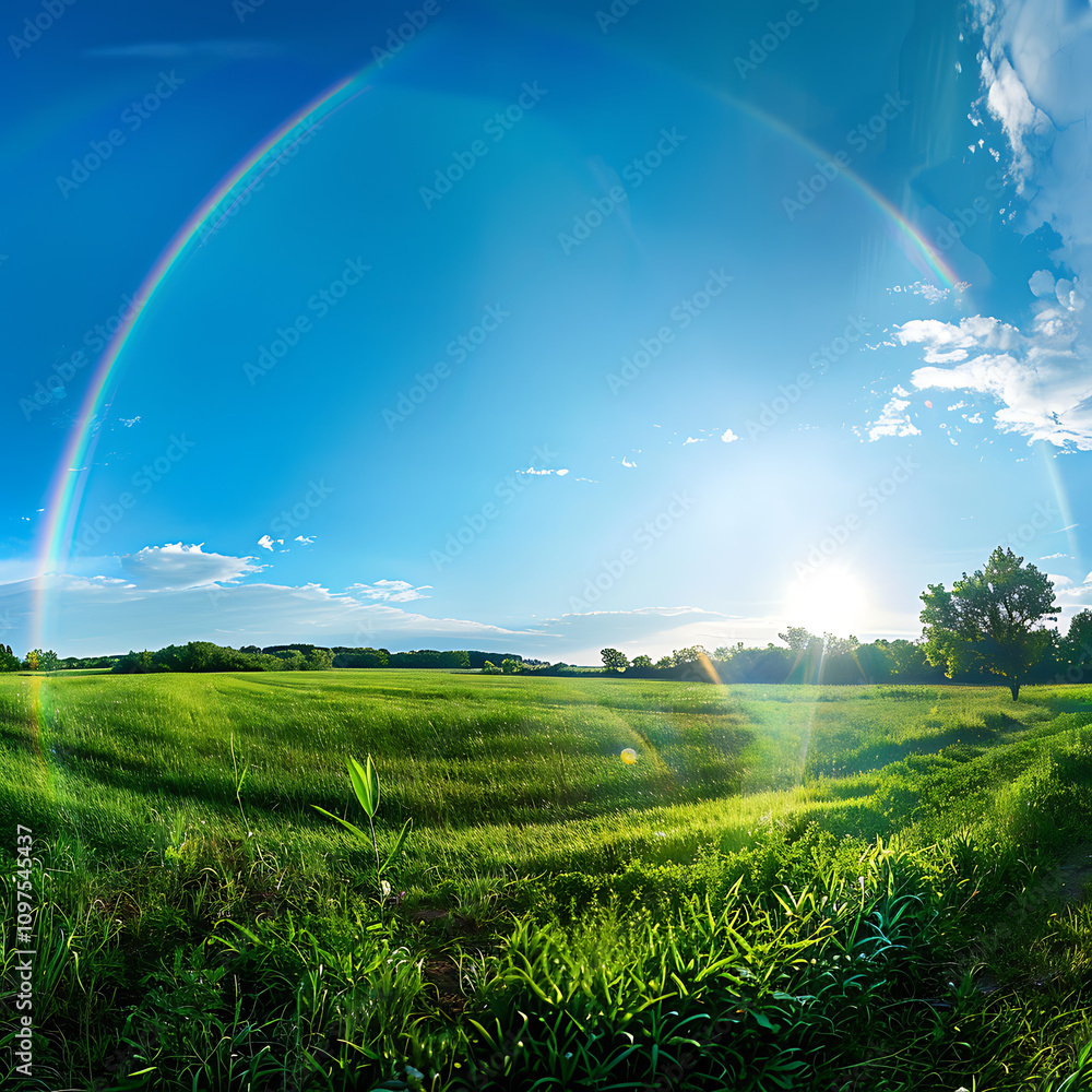 Naklejka premium Serene Landscape with Vibrant Green Fields and Rainbow Arching in a Clear Sky During Sunset, Capturing the Beauty of Nature's Splendor and Tranquility