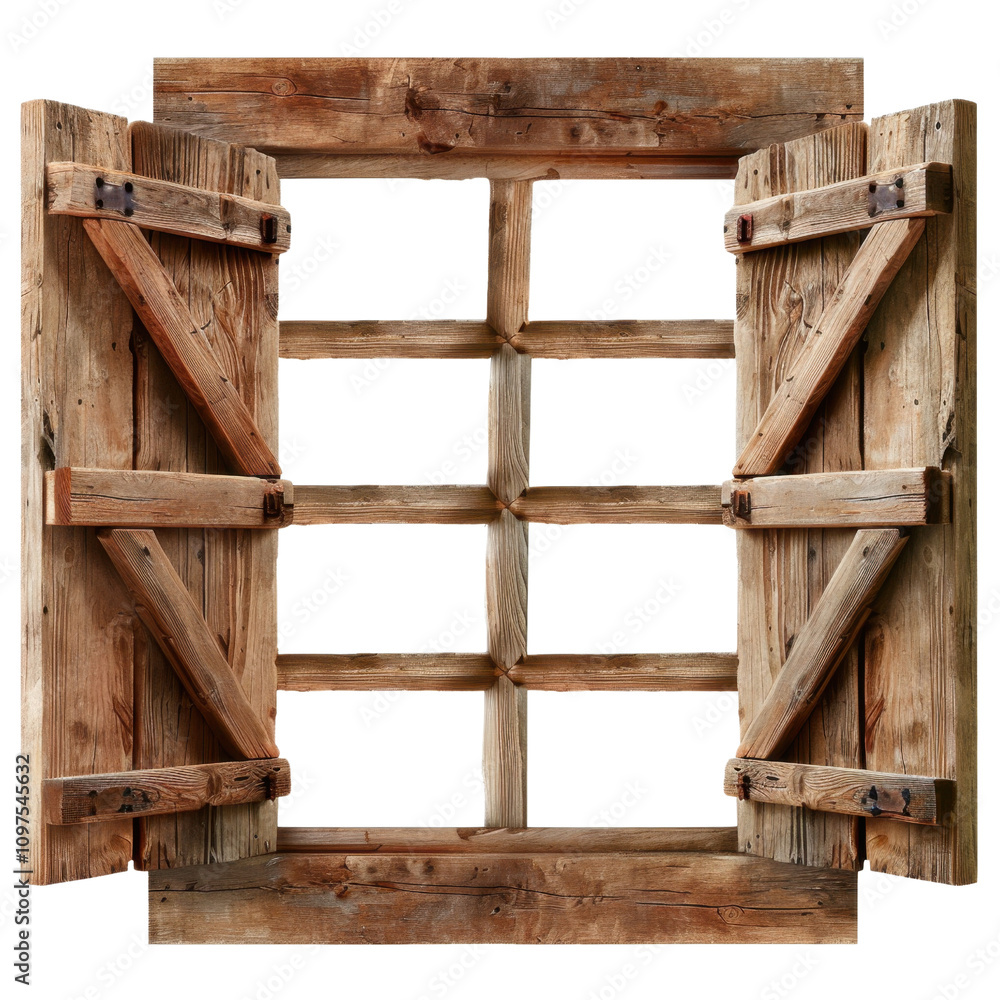 Rustic Wooden Window with Open Shutters and Textured Finish Rustic Wooden Window with Open Shutters and Textured Finish