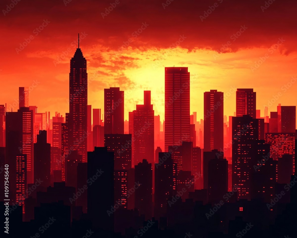 Fototapeta premium Stunning silhouette of a city skyline at sunset, with vibrant orange and red hues illuminating the buildings.