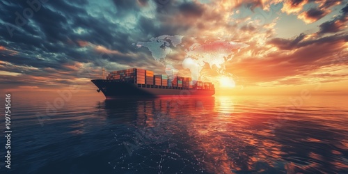 A container ship sails through calm waters at sunset with a digital network worldmap, created by ai