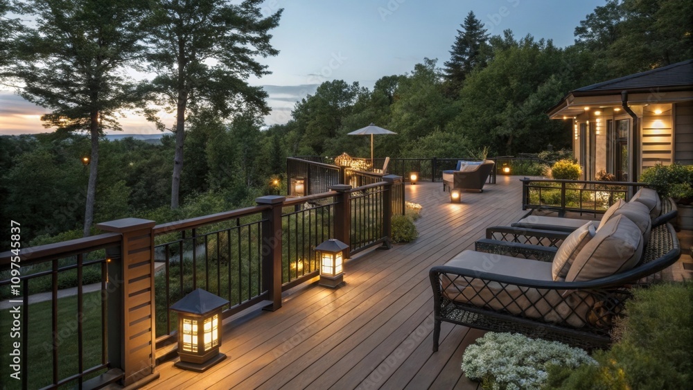 A spacious deck outfitted with outdoor solar lights for nighttime ambiance.