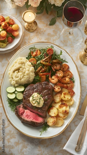 Grilled Steak and Shrimp with Herb Butter, Mashed Potatoes, Roasted Vegetables, and Elegant Candlelit Table Setting