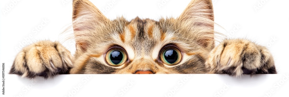 Fototapeta premium A curious cat peeks over a white surface, showcasing its big eyes and fluffy paws.