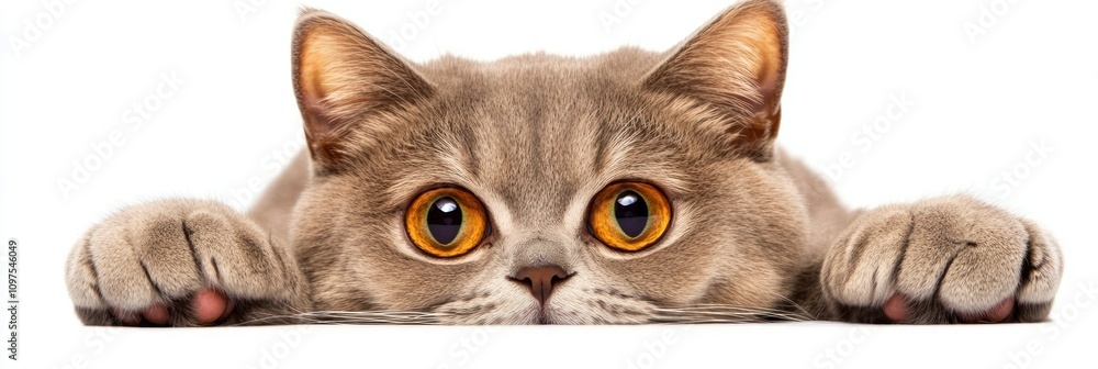 Fototapeta premium A cute cat with large eyes peeking over a surface, showcasing curiosity and playfulness.