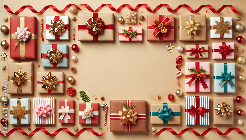 Fototapeta premium Flat lay of wrapped gifts on the top and bottom, ribbons trailing inward, center space empty for text.