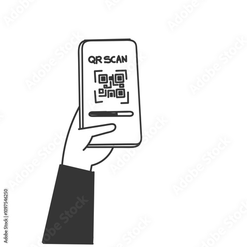 hand holding qr code smartphone in doodle drawing