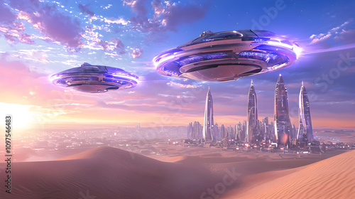 AI-Powered Future World: Image of a future city using artificial intelligence to control various systems, showing the impact of artificial intelligence on the way of life, cinema scene on wide desert photo