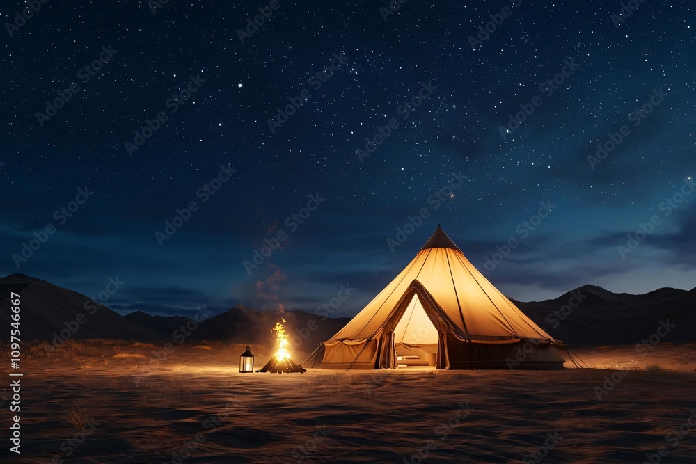 A peaceful tent illuminated by a campfire under a starry night sky, perfect for outdoor adventures and relaxation. A peaceful tent illuminated by a campfire under a starry night sky, perfect for outdoor adventures and relaxation.