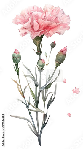 Delicate Pink Carnation Flowers with Buds on White Background, Ideal for Floral Designs, Wedding Invitations, or Romantic Decorations