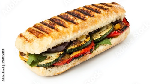 A perfectly grilled vegetable panini with ciabatta bread, grilled eggplant, zucchini