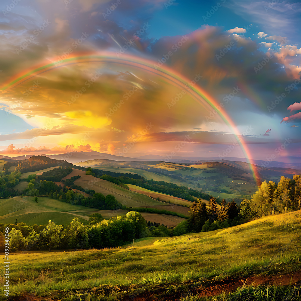 Breathtaking Rainbow Over Rolling Hills at Sunset, Capturing Nature’s Beauty in Vibrant Colors and Majestic Landscapes