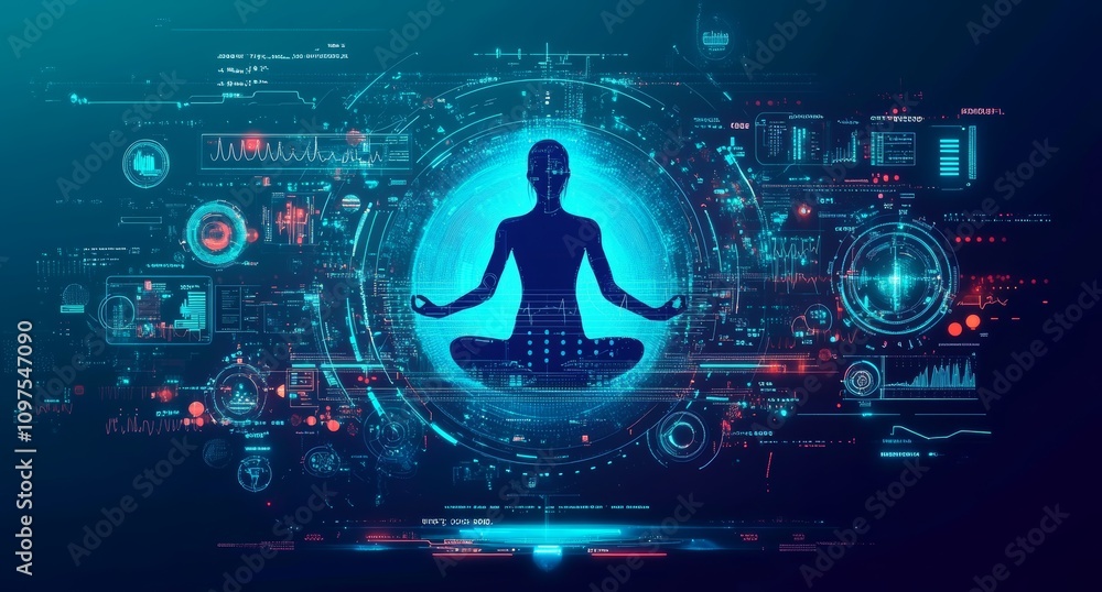 Naklejka premium Futuristic Health Technology Illustration with Meditative Pose and Data Integration