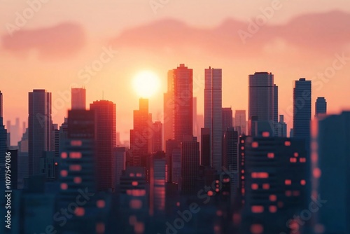 A stunning city skyline during sunset, showcasing modern buildings silhouetted against vibrant hues of dusk. photo