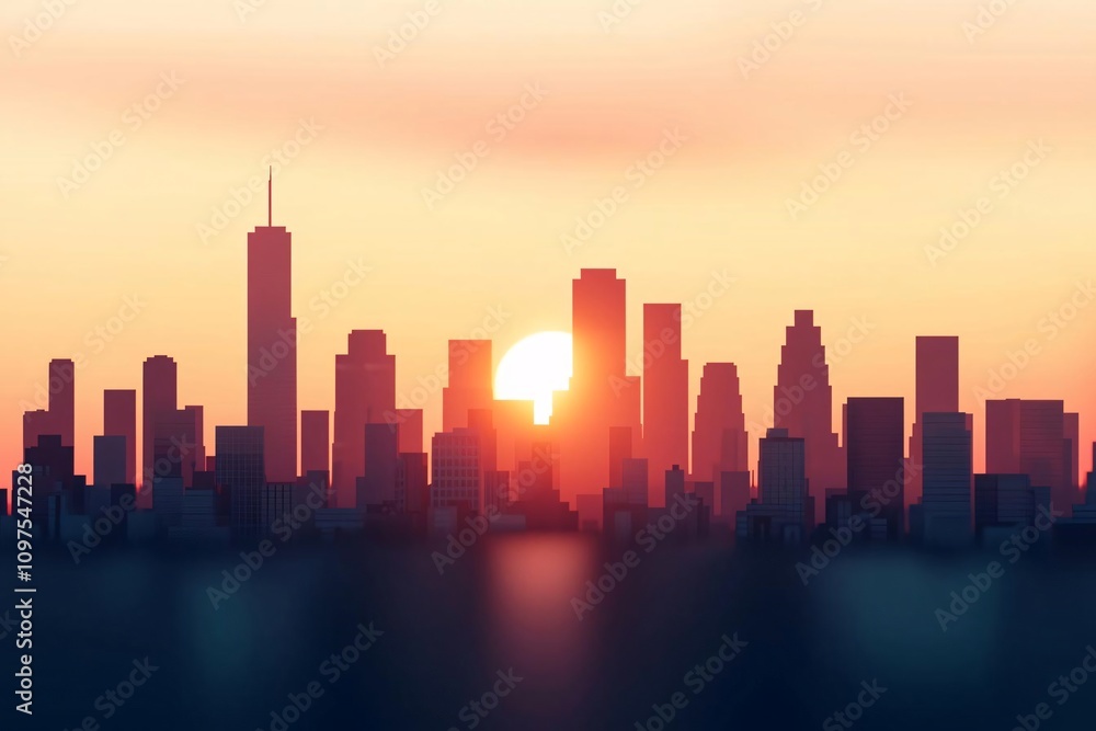 Fototapeta premium A stunning sunset casts a golden glow over a city skyline, highlighting the architectural beauty of modern structures.