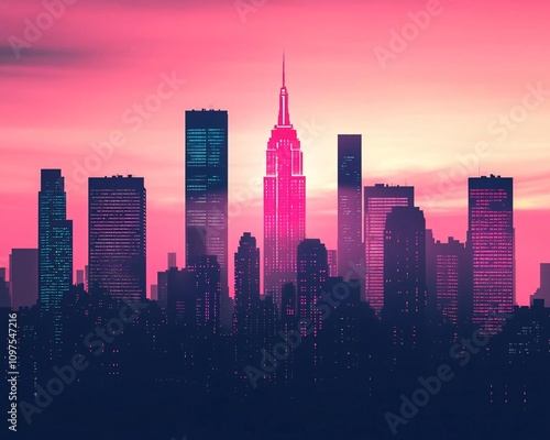 A stunning skyline view during sunset, featuring iconic skyscrapers with a vibrant pink and purple hue.