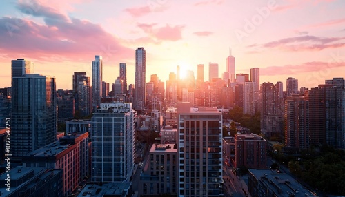 A stunning sunset over a city skyline, highlighting buildings silhouetted against vibrant colors.