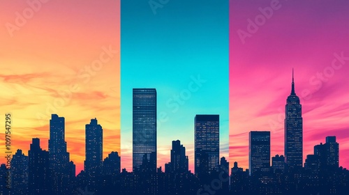 A stunning sunset skyline view featuring iconic skyscrapers and vibrant colors illuminating the cityscape.
