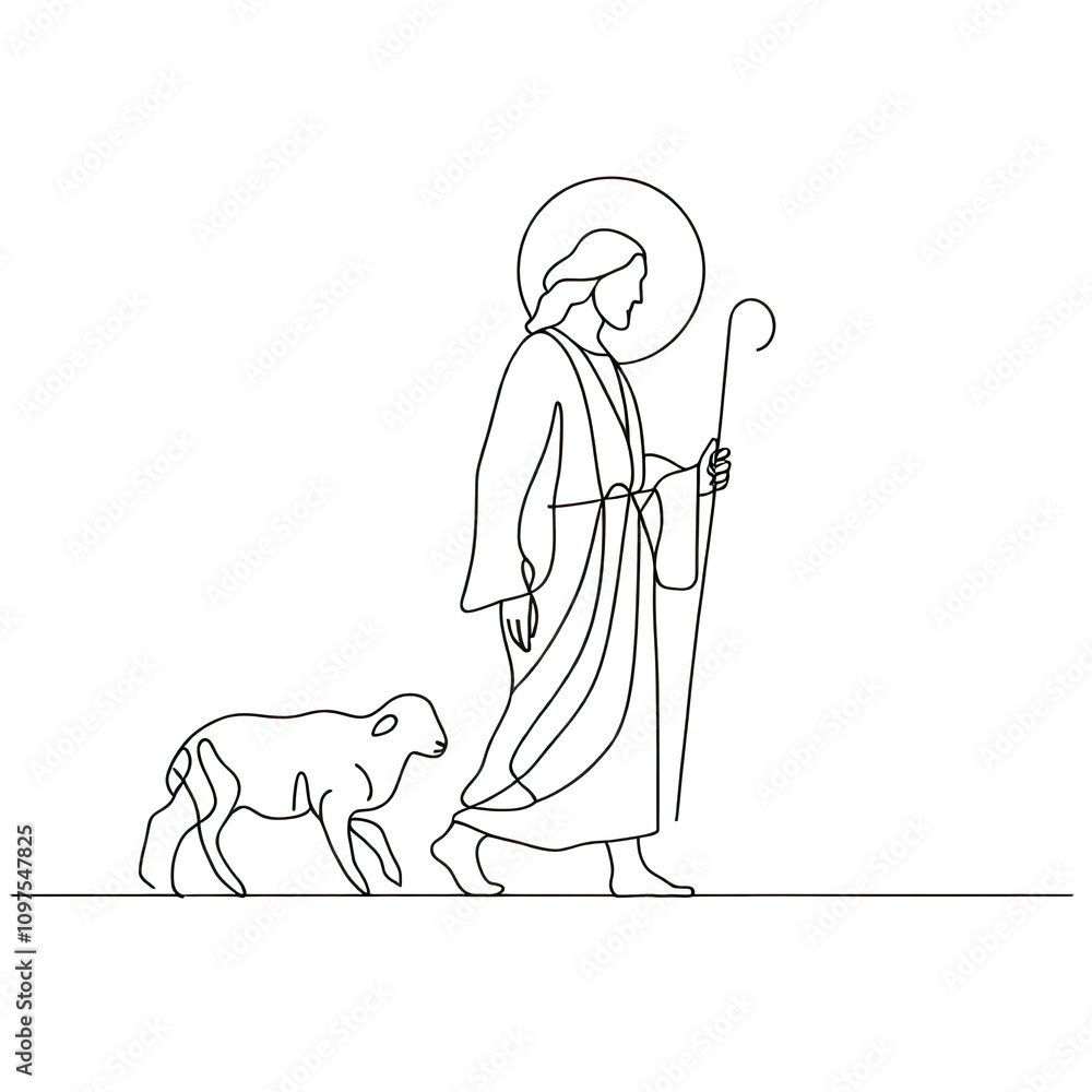Fototapeta premium Minimal line art vector-style image of Jesus christ walking with a lamb