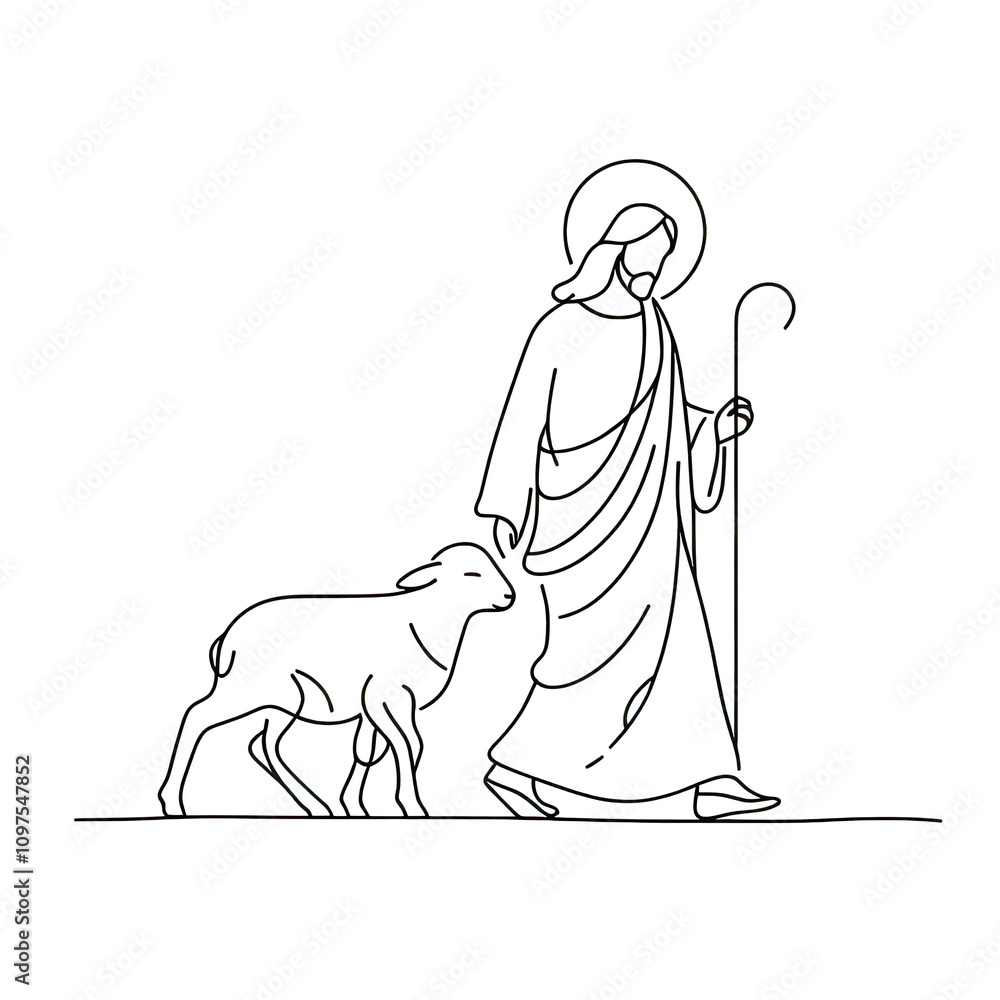 Fototapeta premium Minimal line art vector-style image of Jesus christ walking with a lamb