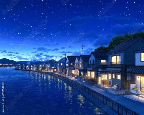 A tranquil waterfront scene at dusk, featuring charming houses along a calm river under a starry sky, This image is ideal for projects related to relaxation, travel, and serene living, photo