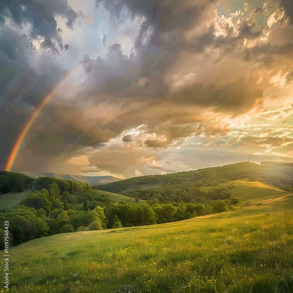 Obraz premium Breathtaking Landscape with Rainbow Over Rolling Hills and Dramatic Sky at Sunset, Capturing Nature’s Beauty in Vibrant Colors and Serene Atmosphere