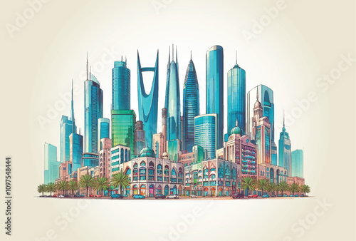 Colourful drawing of Modern cityscape buildings of Saudi Arabia