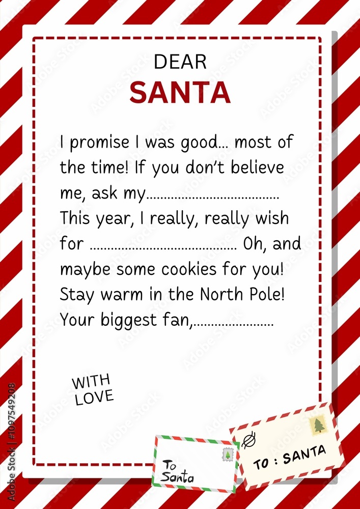 Fototapeta premium A heartwarming Christmas-themed illustration of a child's letter to Santa Claus, filled with wishes, dreams, and festive decorations. Ideal for holiday cards, posters, and educational materials, captu