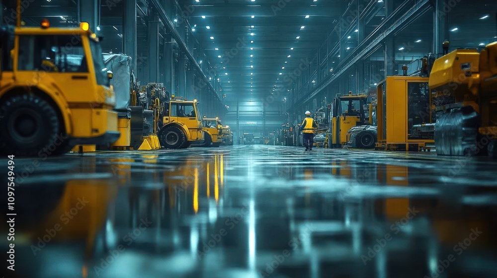 Industrial Machinery Reflections: A Worker in a Modern Factory Industrial Machinery Reflections: A Worker in a Modern Factory