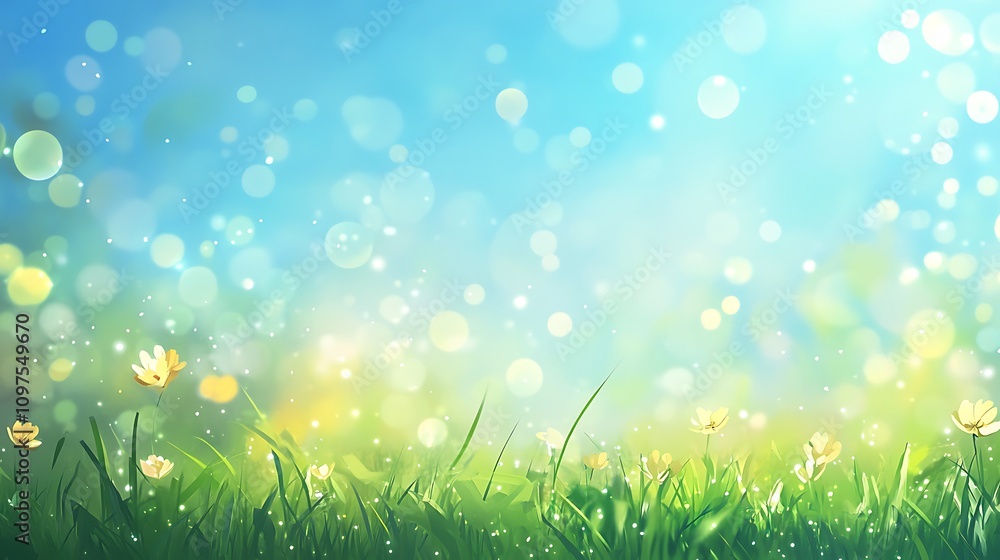 Obraz premium Nature background with sunny spring meadow blur background blue sky to green grass