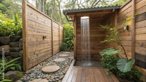 The openair shower harmonizes with its surroundings utilizing reclaimed wood for the walls and a smooth river stone floor. Flanked by vibrant plants this ecoconscious retreat