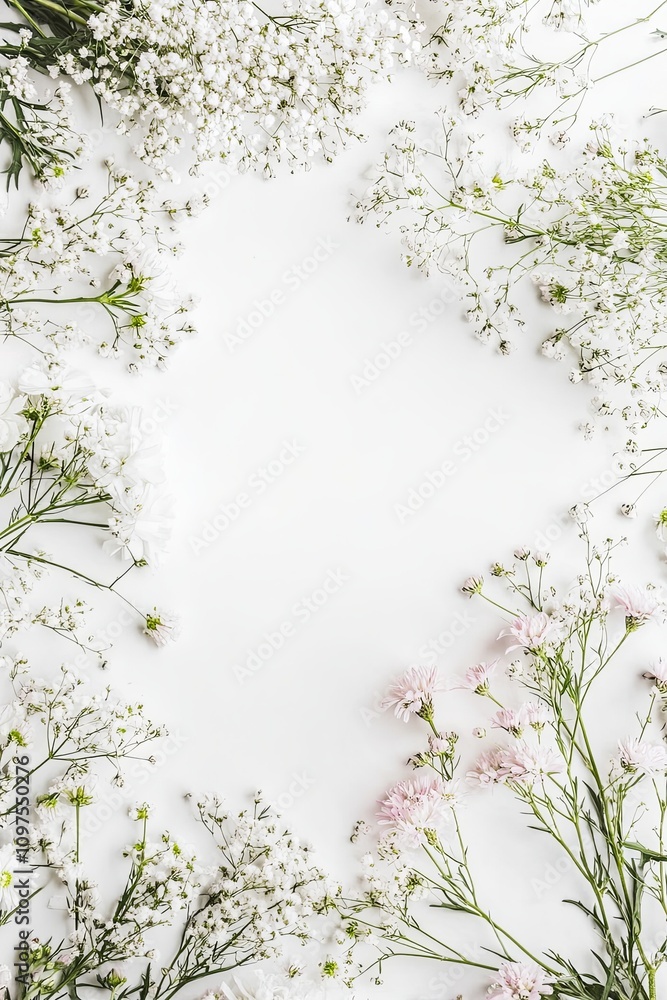 White background with delicate white and light pink flowers arranged in a frame, leaving a blank space in the center. White background with delicate white and light pink flowers arranged in a frame, leaving a blank space in the center.