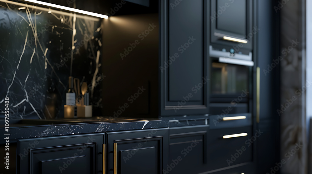 Modern Black Kitchen Interior with Elegant Marble Countertops and Stylish Lighting for Luxury Home Design Inspiration Modern Black Kitchen Interior with Elegant Marble Countertops and Stylish Lighting for Luxury Home Design Inspiration