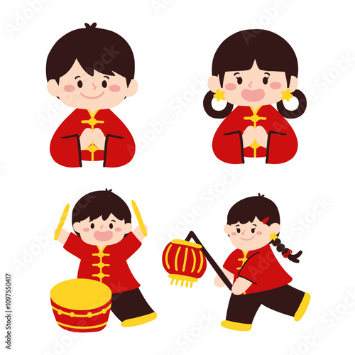 Hand drawn Chinese New Year Boy and Girl  with Lantern illustration set