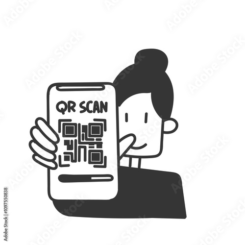 hand holding qr code smartphone in doodle drawing