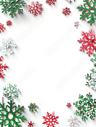 Colorful Paper Snowflakes in Red and Green Surrounding a Blank Space Ideal for Holiday Greetings or Seasonal Designs with a Festive Touch