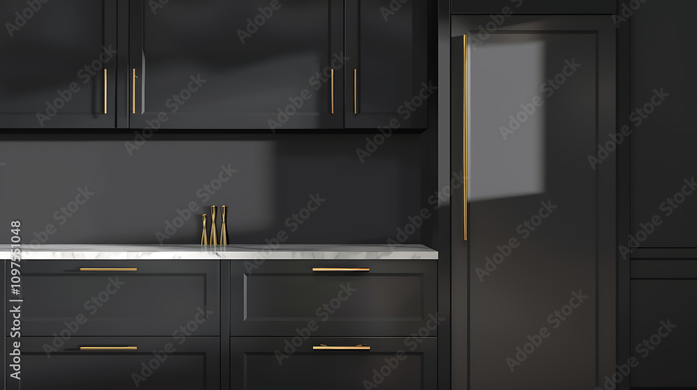 Modern Black Kitchen Design with Gold Accents and Elegant Marble Countertop, Showcasing Contemporary Style and Sophisticated Atmosphere in a Luxurious Setting Modern Black Kitchen Design with Gold Accents and Elegant Marble Countertop, Showcasing Contemporary Style and Sophisticated Atmosphere in a Luxurious Setting