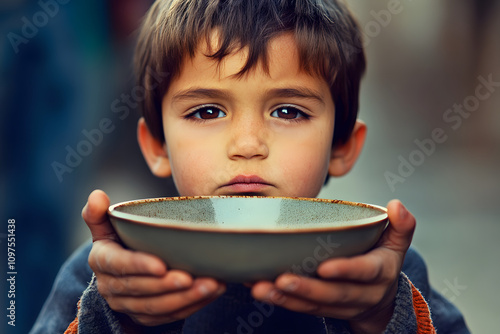 A young child holding an empty bowl, symbolizing hunger, poverty, and need, creating a powerful visual message about child hunger and global food insecurity awareness photo