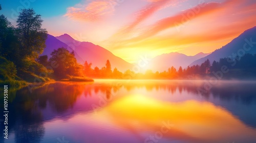 Wallpaper Mural A vibrant sunrise over a quiet lake reflecting a new day symbolizing fresh hopes and possibilities ahead Torontodigital.ca