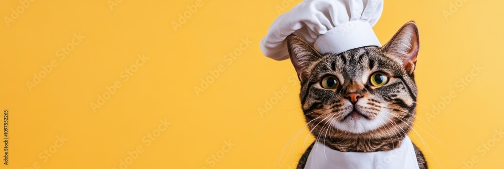A cat dressed as a chef against a yellow background, exuding a playful culinary theme. A cat dressed as a chef against a yellow background, exuding a playful culinary theme.