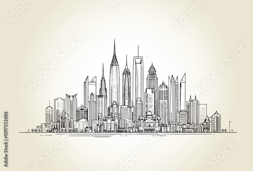 Line drawing of Modern cityscape of Saudi Arabia.